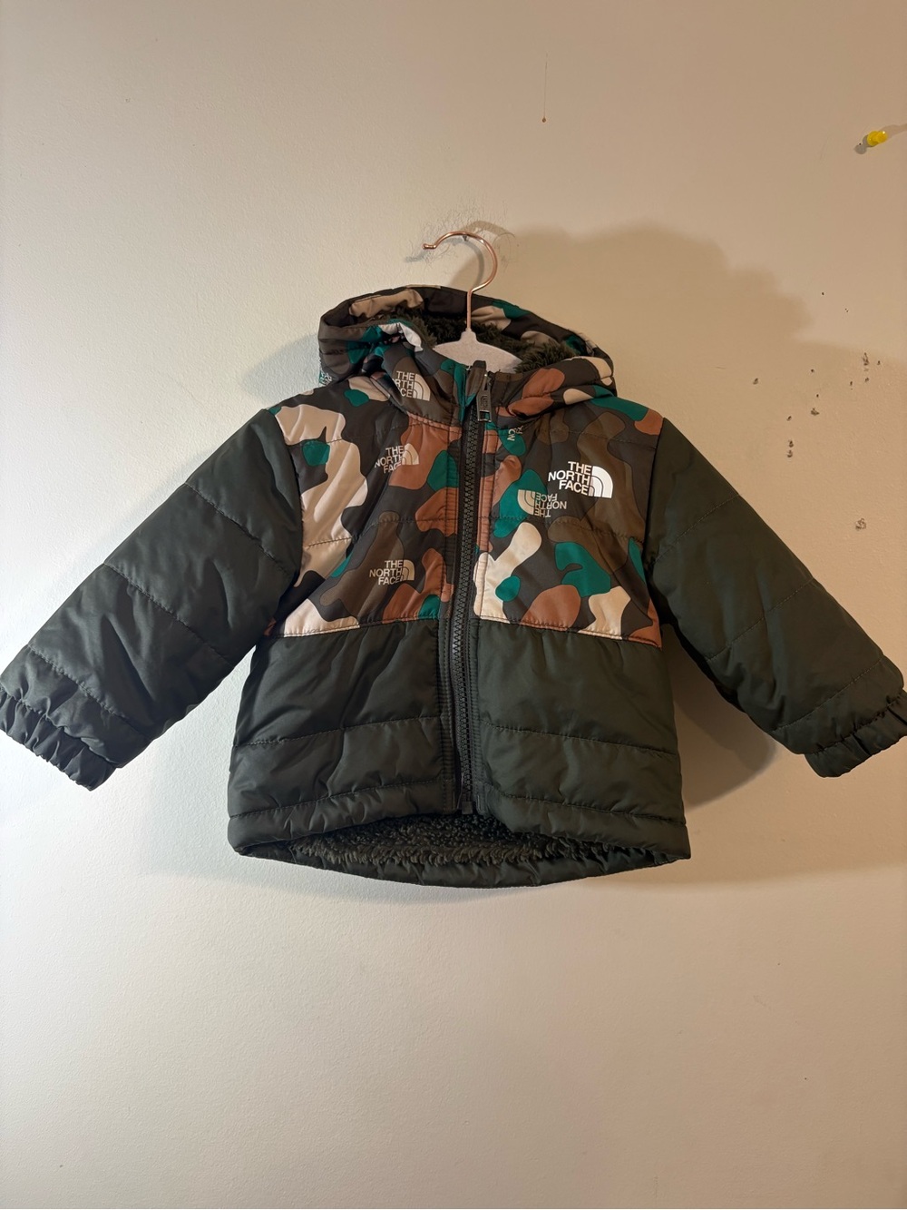 The North Face jacket Kids 3/6 month Olive Green Plush Hooded Puffer reversible
